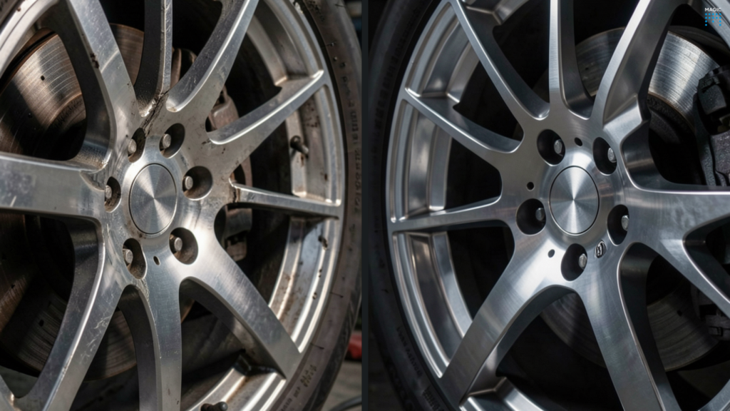 The before and after image of alloy wheel repair in Melbourne